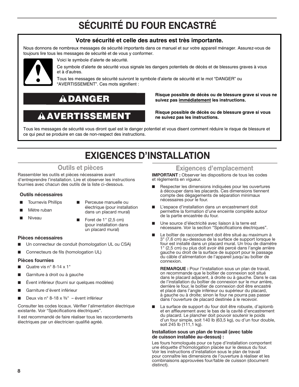 Sécurité du four encastré exigences d’installation, Avertissement danger, Outils et pièces | Exigences d’emplacement | KITCHENAID 24 Inch Single Convection Electric Wall Oven Installation Instructions User Manual | Page 8 / 16