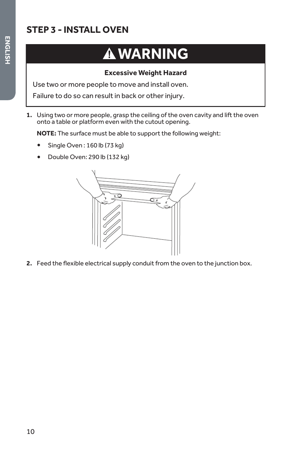 Warning, Step 3 - install oven | Forno 30 Inch Single Electric Wall Oven Installation Guide User Manual | Page 11 / 35