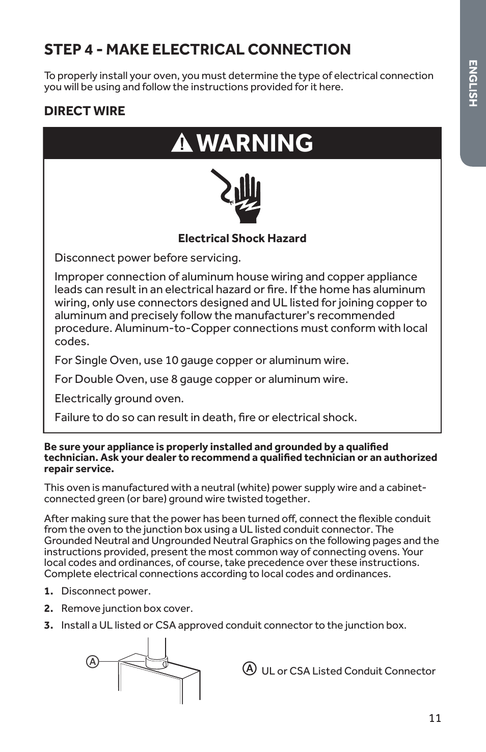 Warning, Step 4 - make electrical connection | Forno 30 Inch Single Electric Wall Oven Installation Guide User Manual | Page 12 / 35