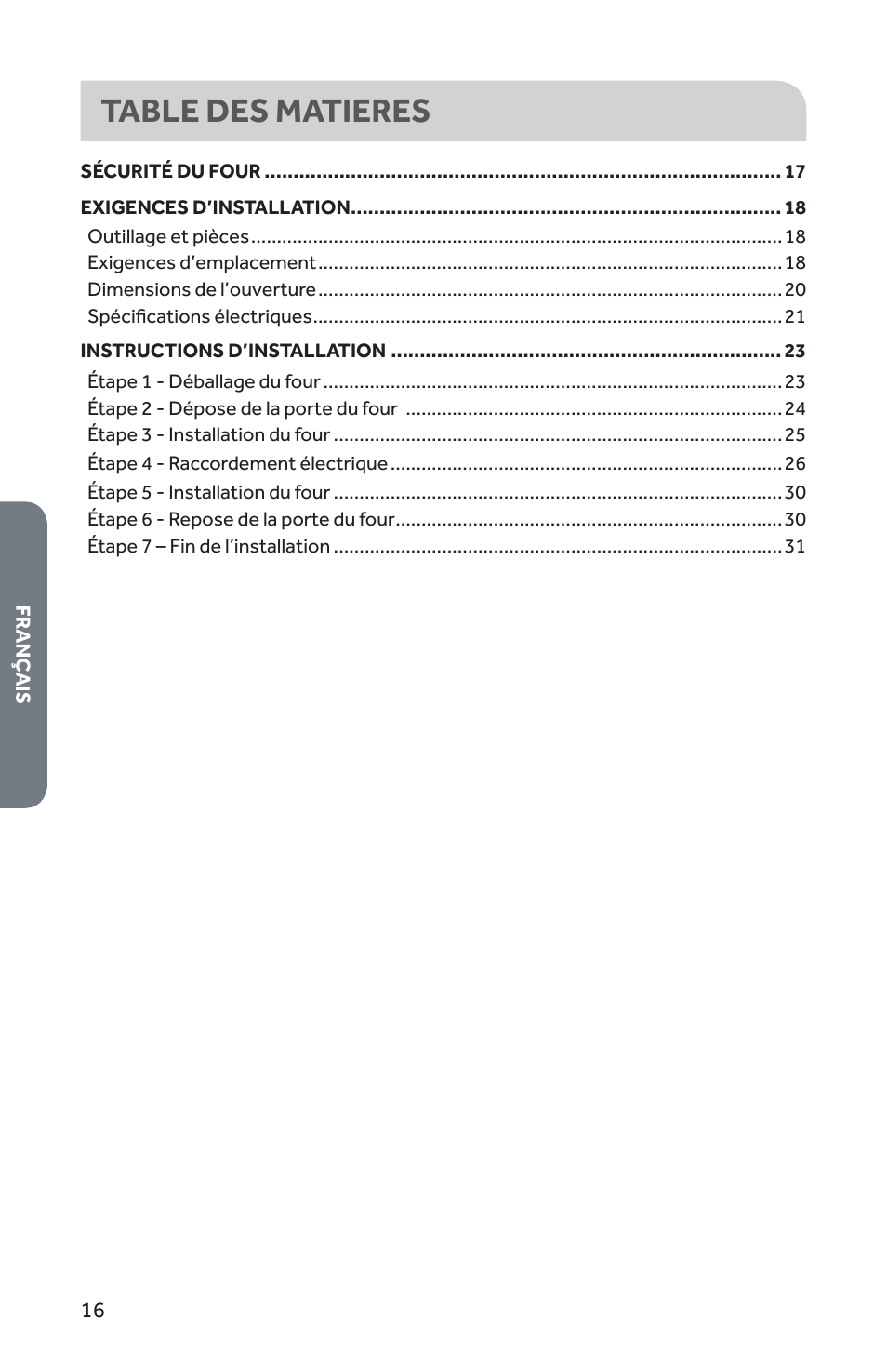 Table des matieres | Forno 30 Inch Single Electric Wall Oven Installation Guide User Manual | Page 17 / 35