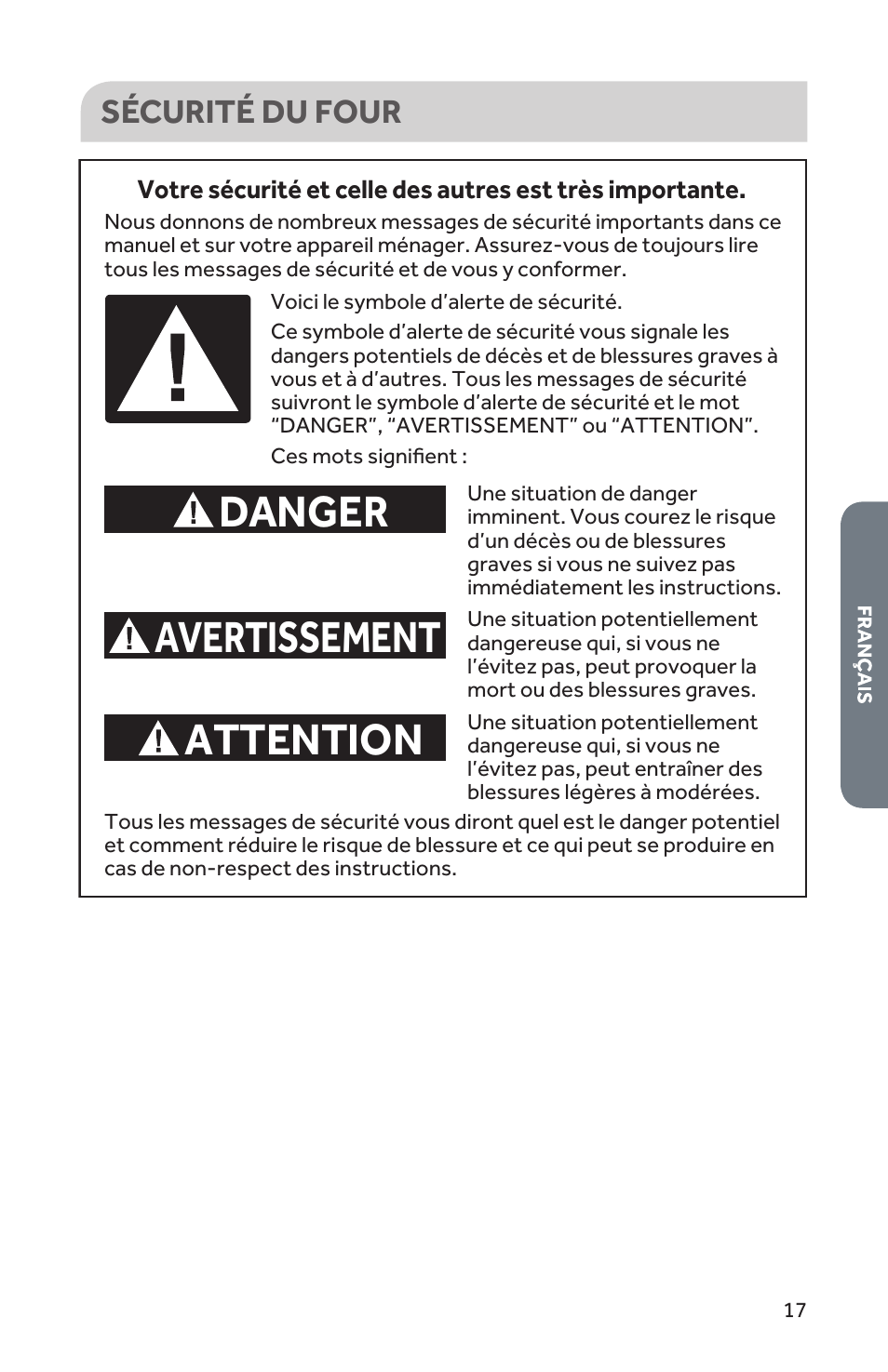 Danger avertissement attention, Sécurité du four | Forno 30 Inch Single Electric Wall Oven Installation Guide User Manual | Page 18 / 35