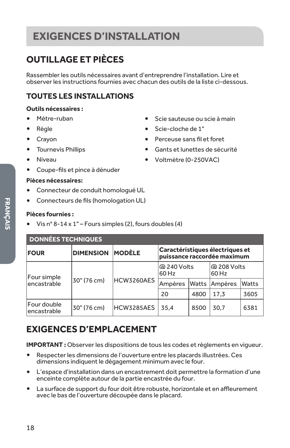 Exigences d’installation, Outillage et pièces, Exigences d’emplacement | Forno 30 Inch Single Electric Wall Oven Installation Guide User Manual | Page 19 / 35