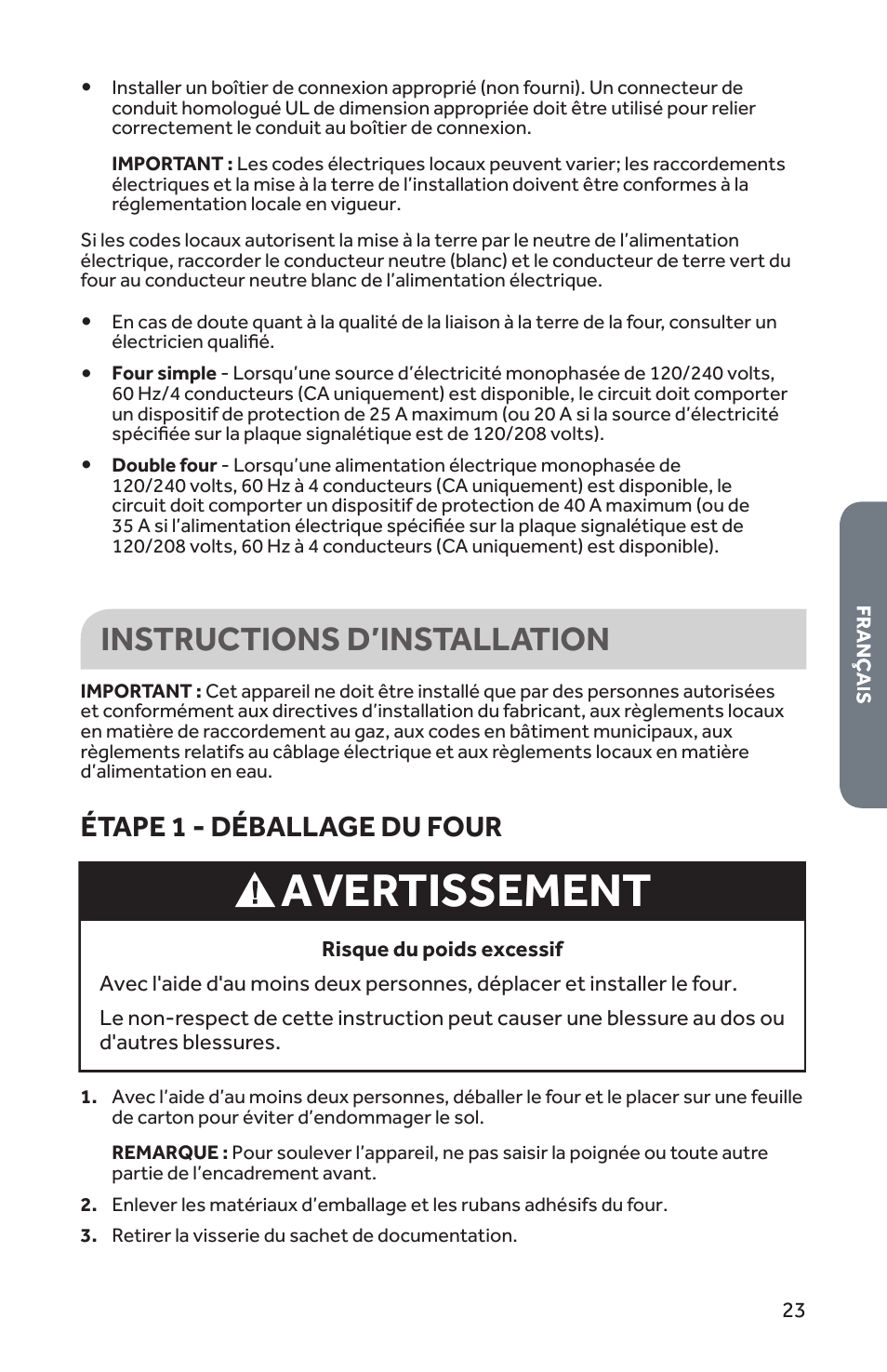 Avertissement, Instructions d’installation, Étape 1 - déballage du four | Forno 30 Inch Single Electric Wall Oven Installation Guide User Manual | Page 24 / 35