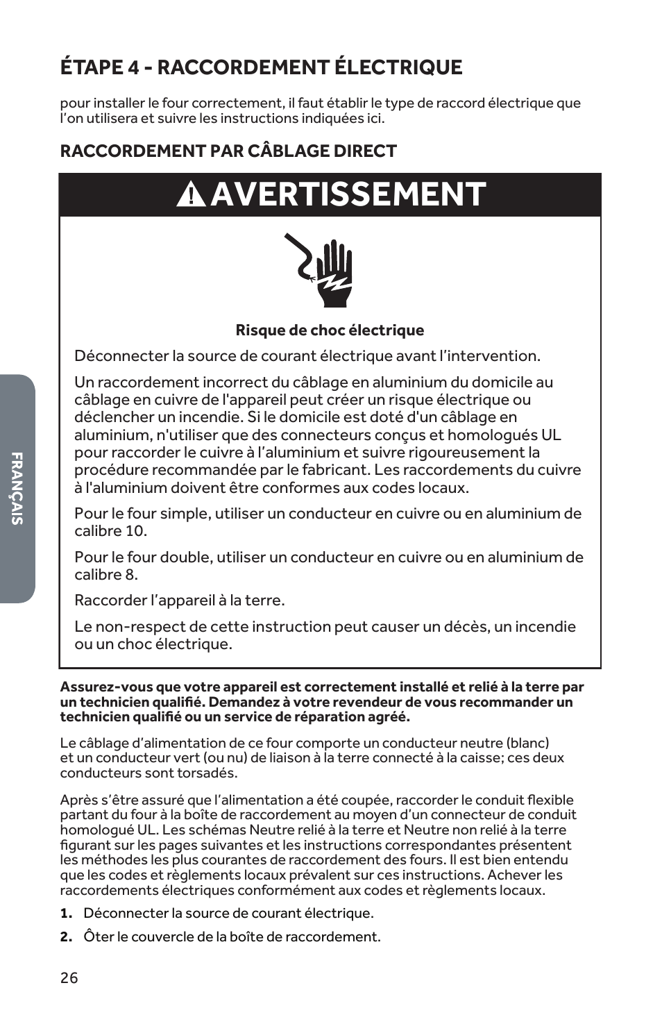 Avertissement, Étape 4 - raccordement électrique | Forno 30 Inch Single Electric Wall Oven Installation Guide User Manual | Page 27 / 35