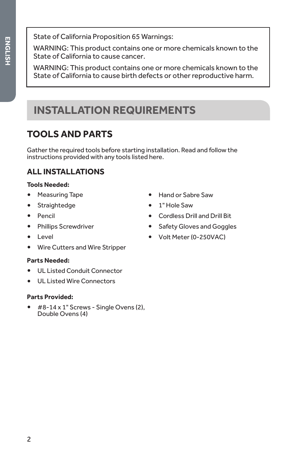 Installation requirements, Tools and parts | Forno 30 Inch Single Electric Wall Oven Installation Guide User Manual | Page 3 / 35