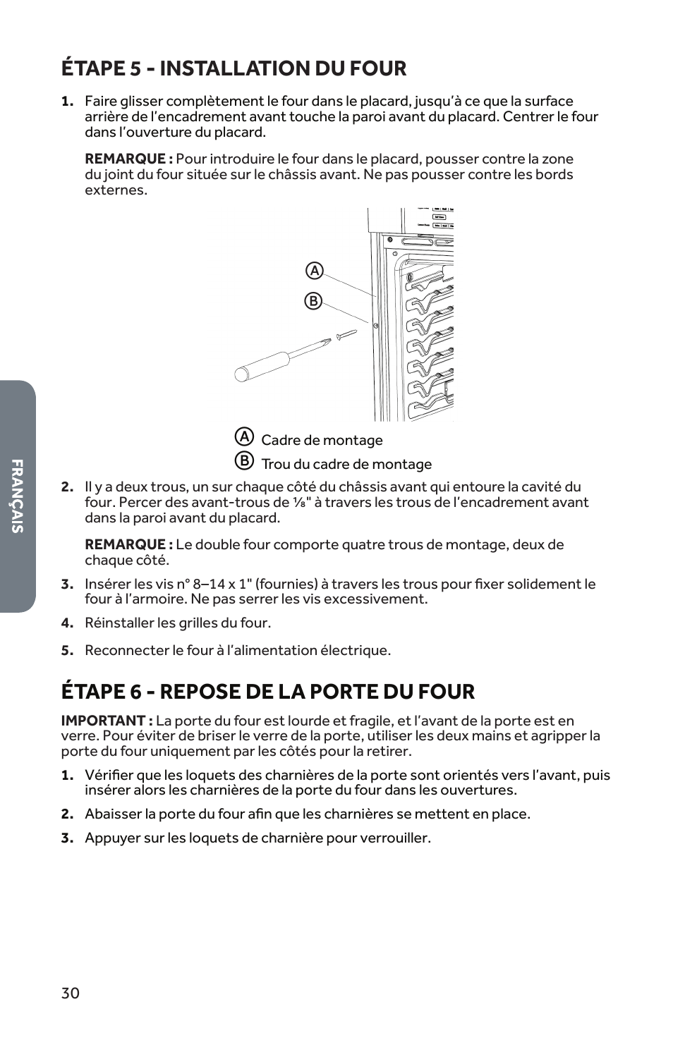 Étape 5 - installation du four, Étape 6 - repose de la porte du four | Forno 30 Inch Single Electric Wall Oven Installation Guide User Manual | Page 31 / 35