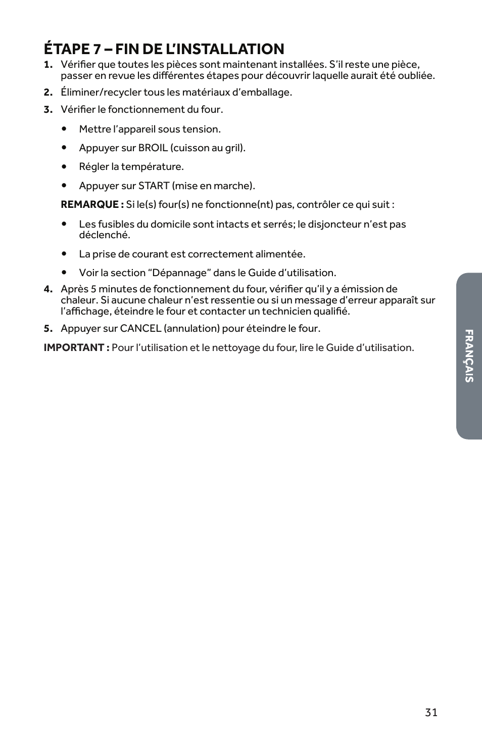 Étape 7 – fin de l’installation | Forno 30 Inch Single Electric Wall Oven Installation Guide User Manual | Page 32 / 35