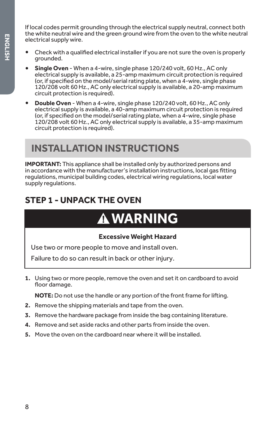 Warning, Installation instructions, Step 1 - unpack the oven | Forno 30 Inch Single Electric Wall Oven Installation Guide User Manual | Page 9 / 35