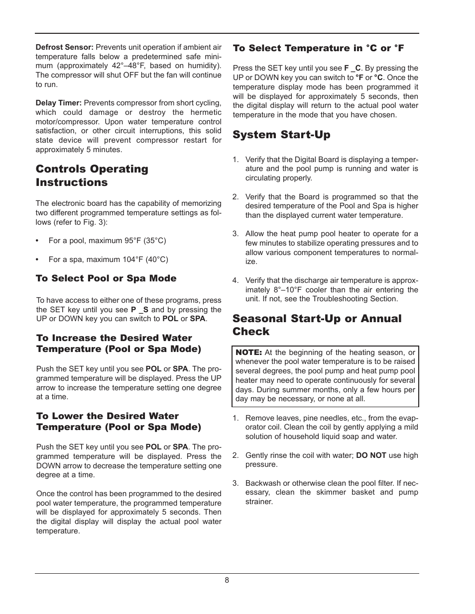 Controls operating instructions, System start-up, Seasonal start-up or annual check | Energy Tech Laboratories 5358 User Manual | Page 8 / 20