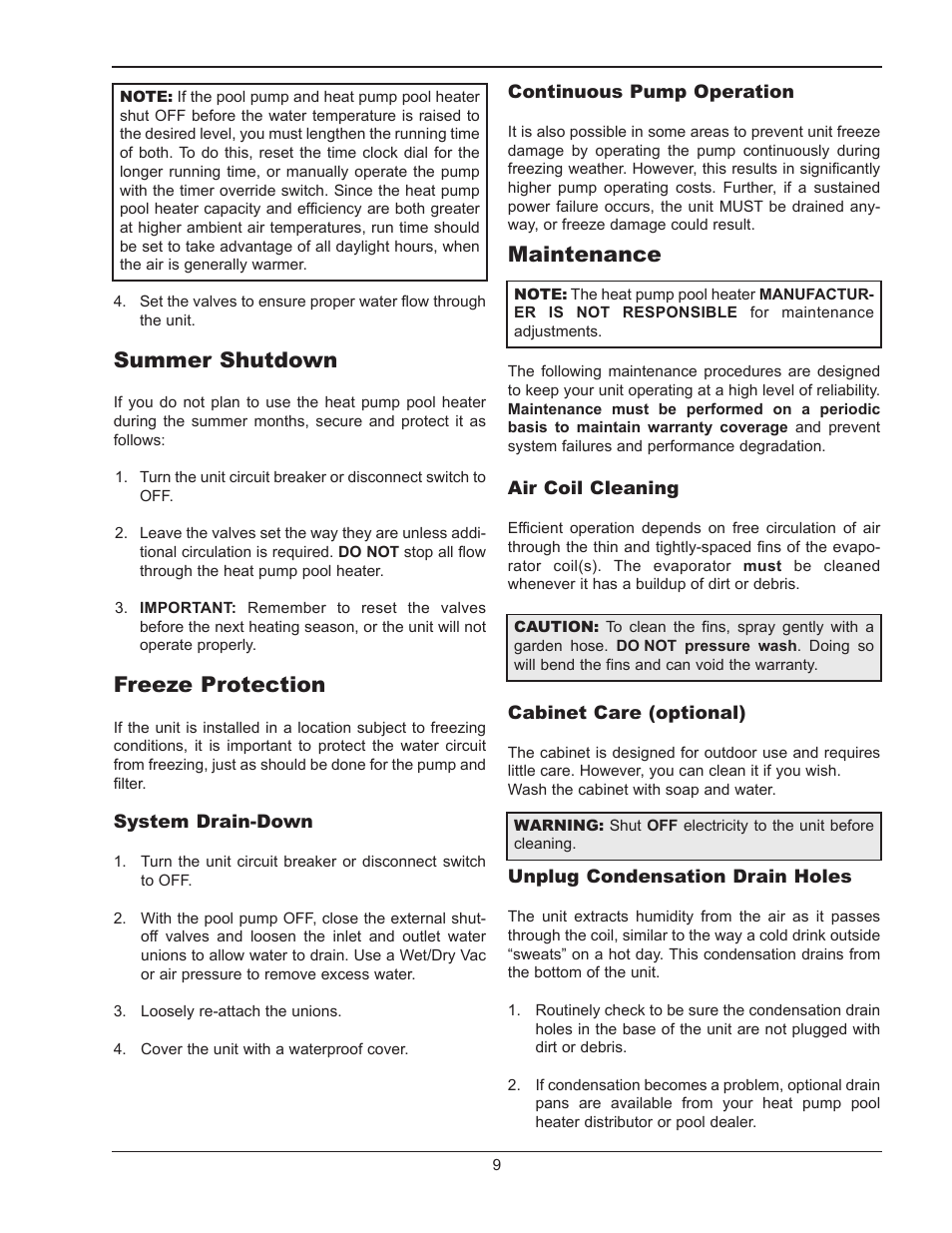 Maintenance, Summer shutdown, Freeze protection | Energy Tech Laboratories 5358 User Manual | Page 9 / 20