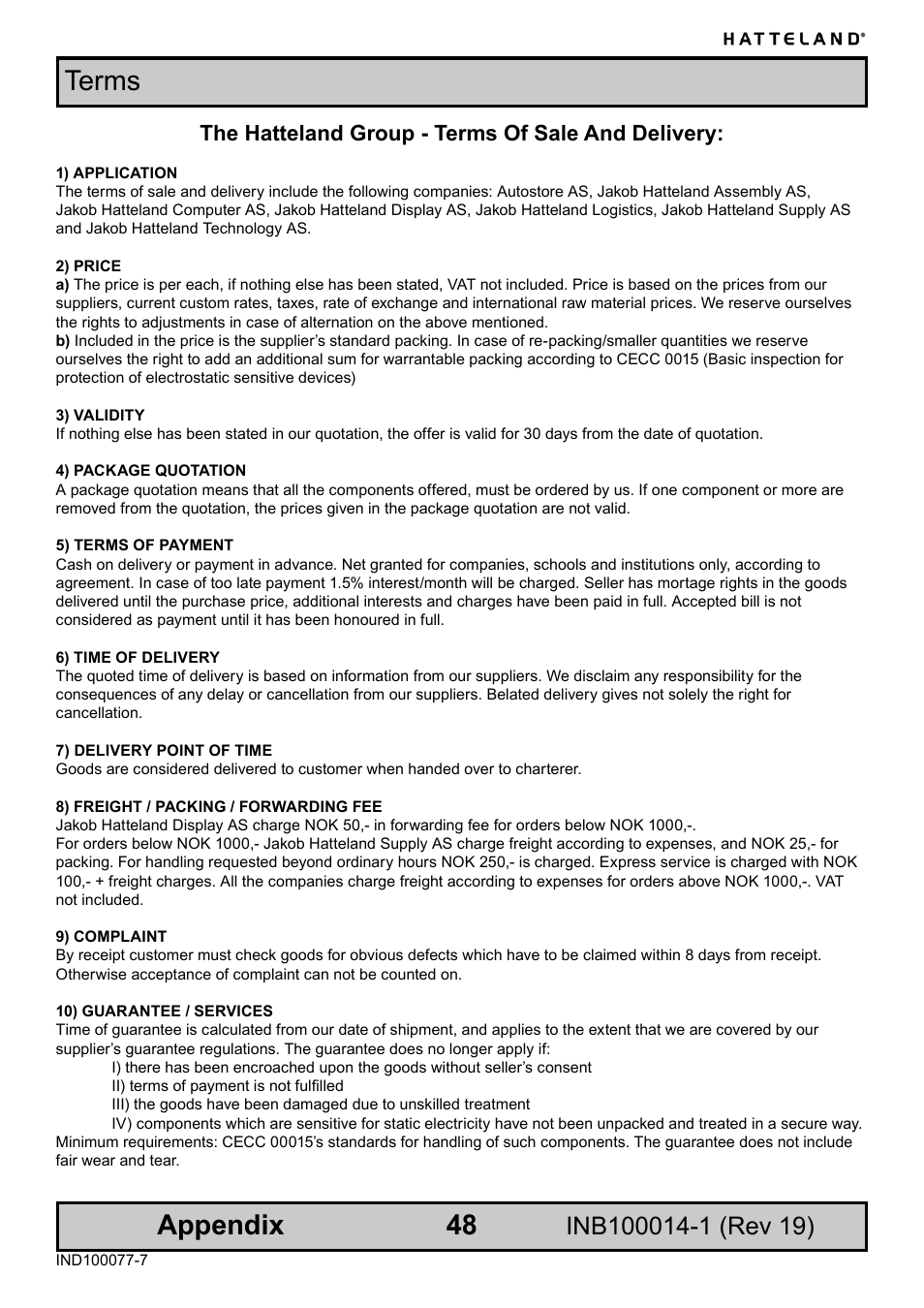 Terms, Appendix terms, The hatteland group - terms of sale and delivery | Elo TouchSystems JH 23T02 User Manual | Page 48 / 54