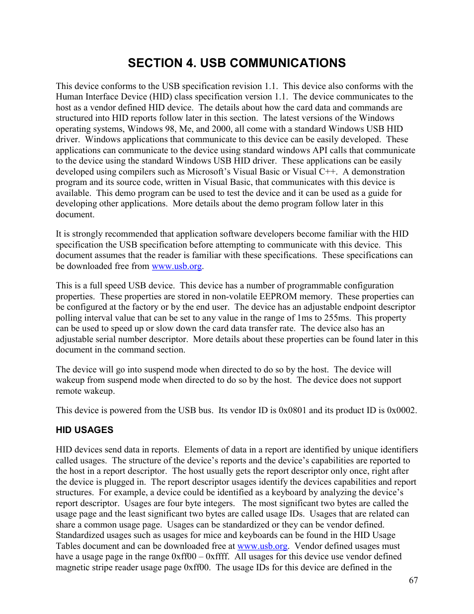 Section4. usb communications, Hid usages, Section 4. usb communications | Elo TouchSystems 1525L User Manual | Page 70 / 181