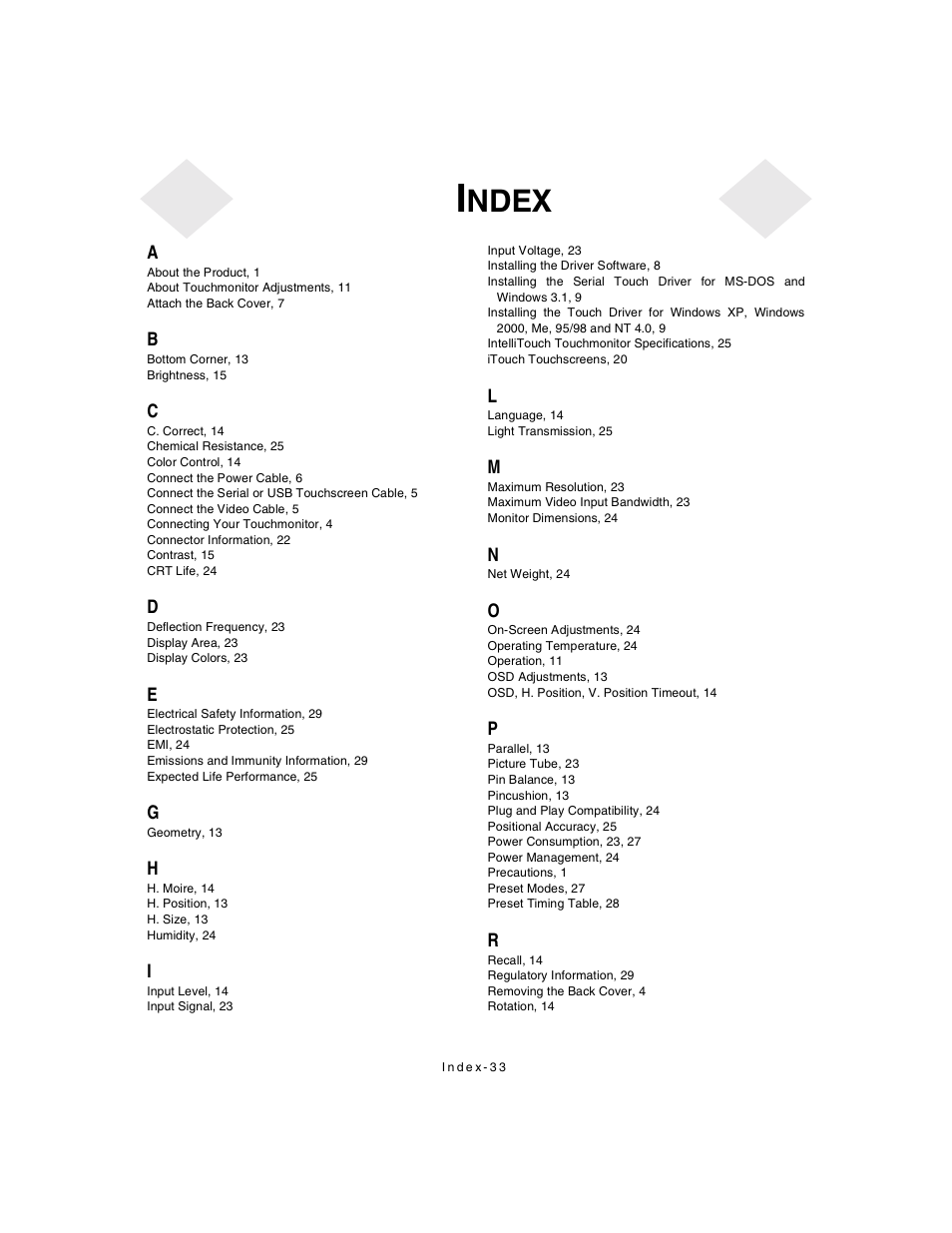 Ndex | Elo TouchSystems ET1X45C-4SWE-1 User Manual | Page 37 / 39