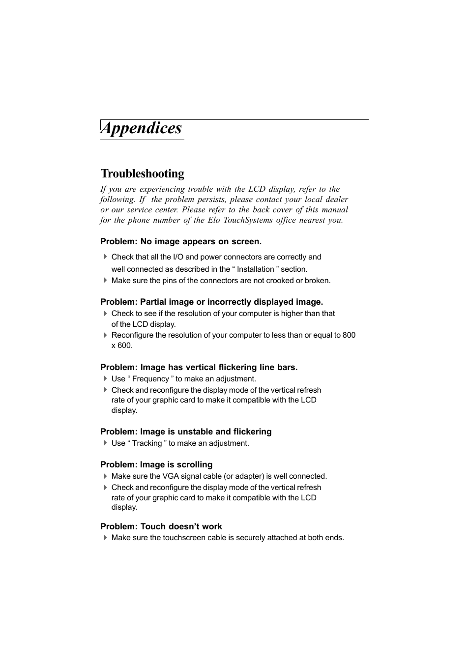 Appendices, Troubleshooting | Elo TouchSystems 1200L User Manual | Page 15 / 27