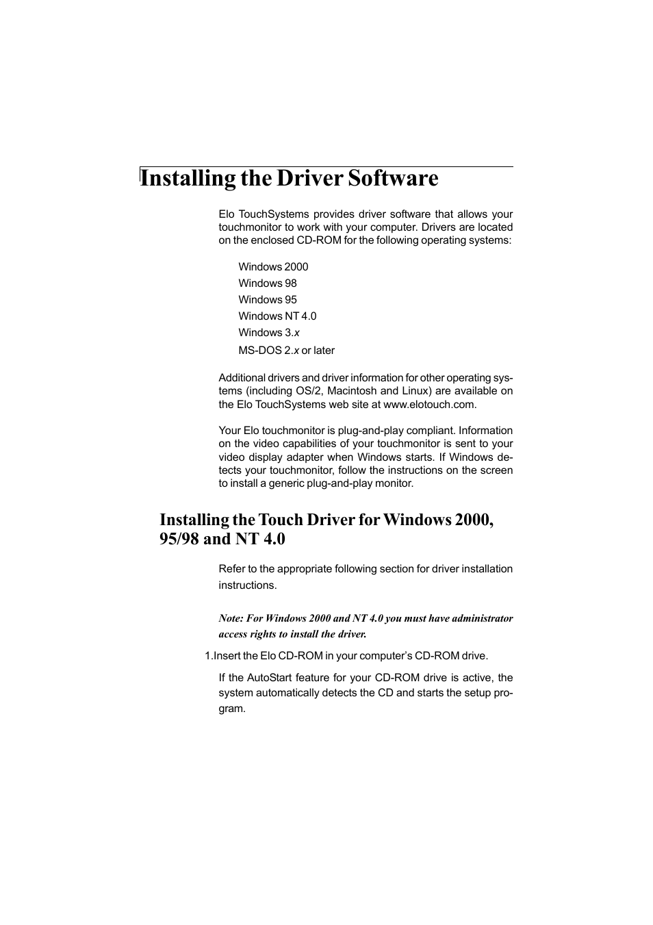 Installing the driver software | Elo TouchSystems 1200L User Manual | Page 21 / 27