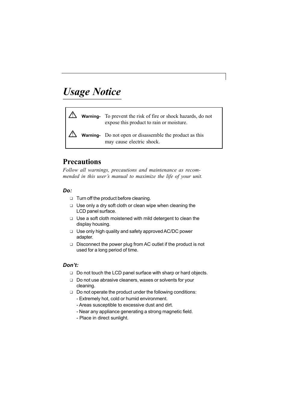 Usage notice, Precautions | Elo TouchSystems 1200L User Manual | Page 4 / 27