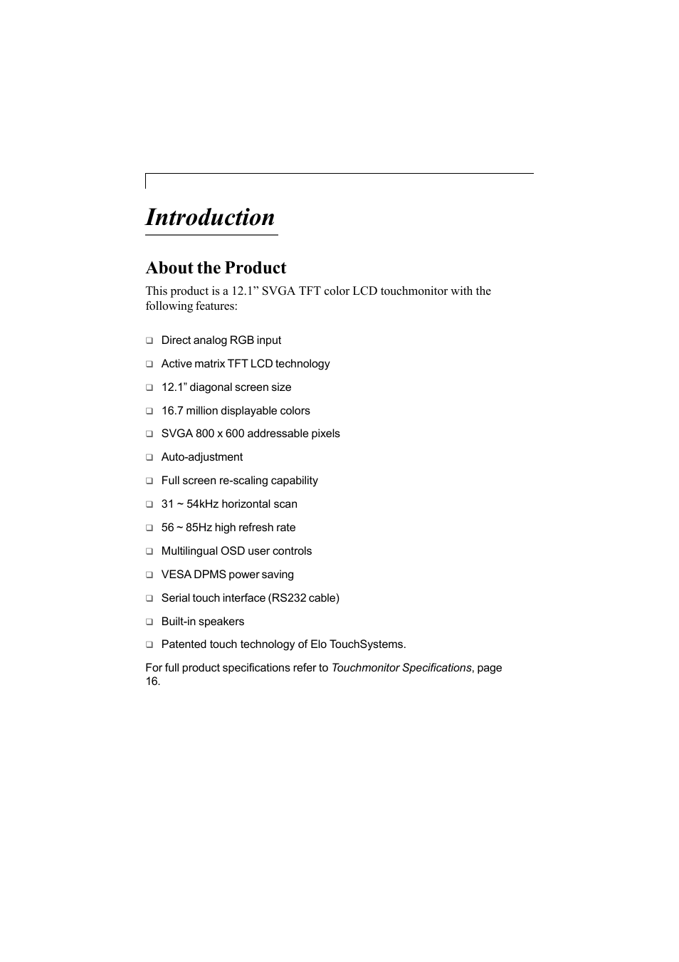 Introduction, About the product | Elo TouchSystems 1200L User Manual | Page 5 / 27