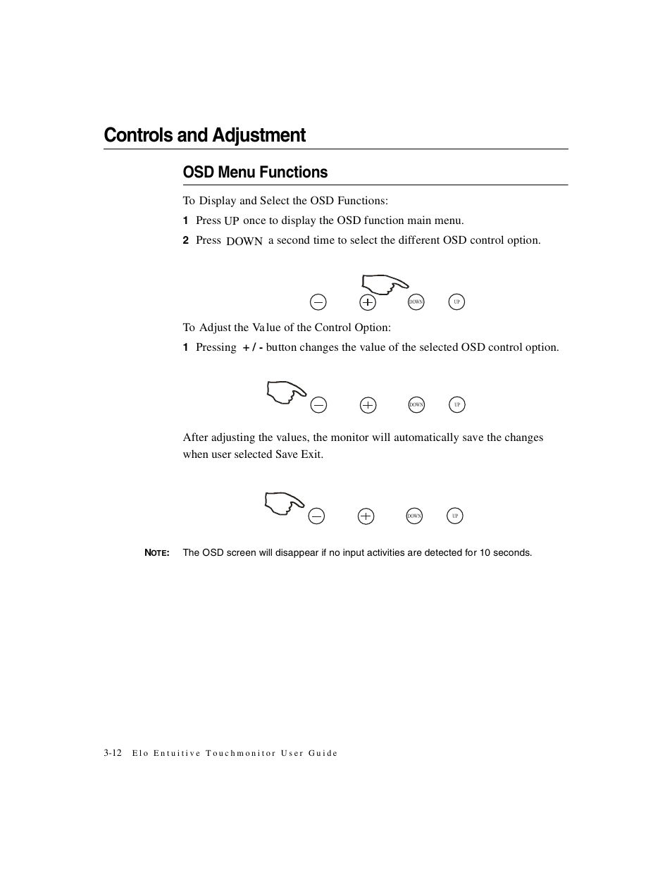 Controls and adjustment, Osd menu functions | Elo TouchSystems 1247L User Manual | Page 17 / 44