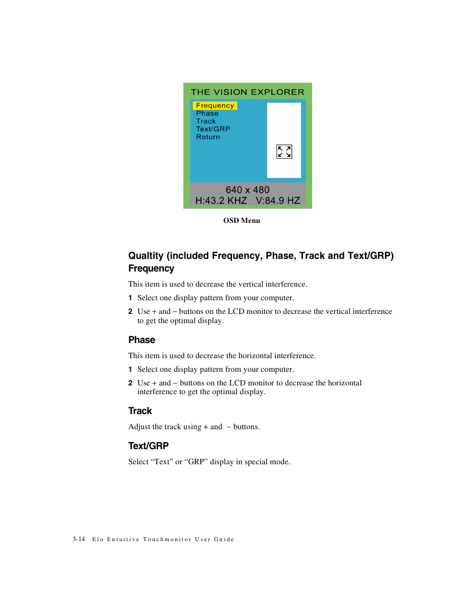 Frequency, Phase, Track | Text/grp | Elo TouchSystems 1247L User Manual | Page 19 / 44