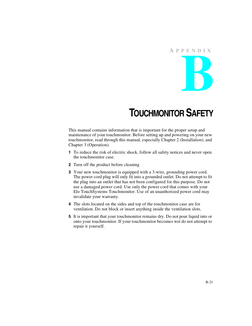 Appendix b, Ouchmonitor, Afety | Elo TouchSystems 1247L User Manual | Page 26 / 44