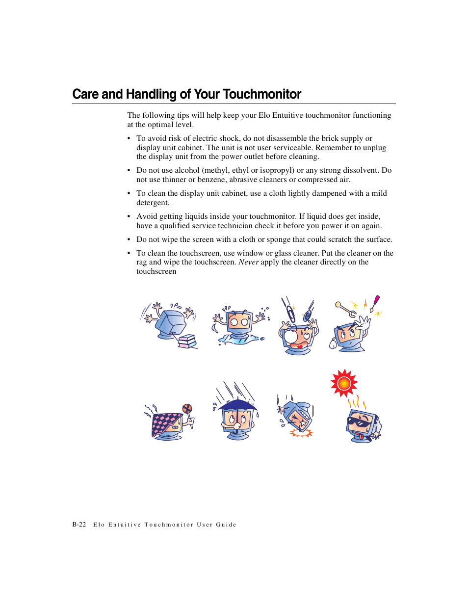 Care and handling of your touchmonitor | Elo TouchSystems 1247L User Manual | Page 27 / 44