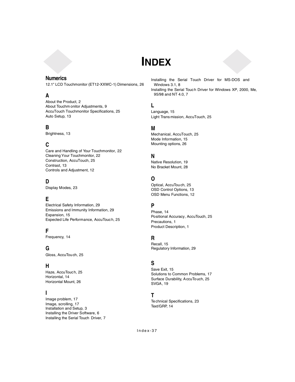 Index, Ndex | Elo TouchSystems 1247L User Manual | Page 42 / 44