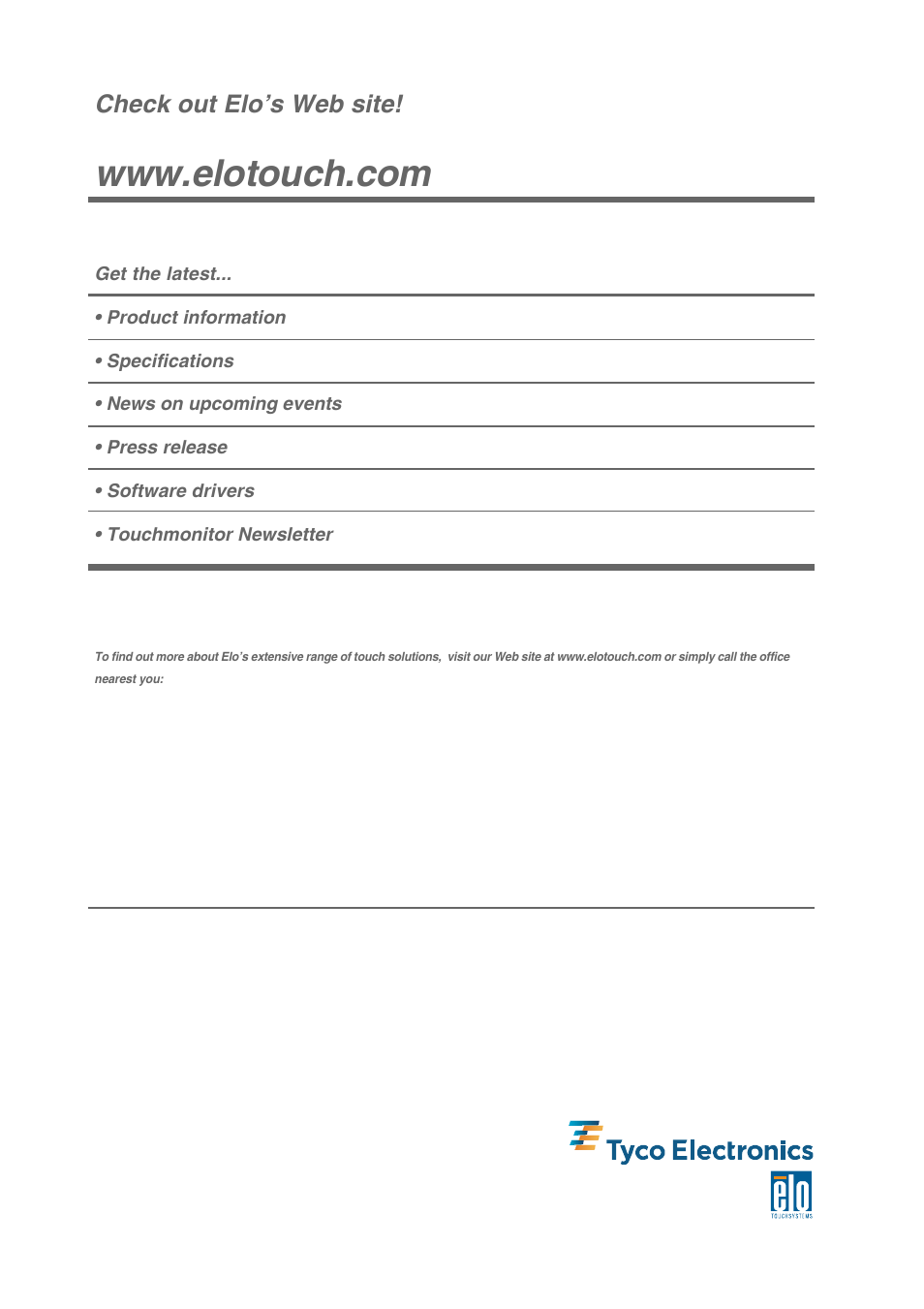 Check out elo’s web site | Elo TouchSystems Elo 1000 Series 1715L User Manual | Page 42 / 43