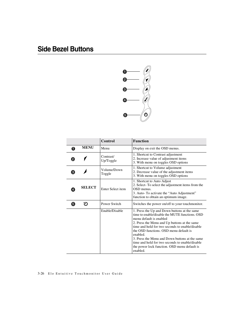 Side bezel buttons | Elo TouchSystems 1525/27L User Manual | Page 31 / 56