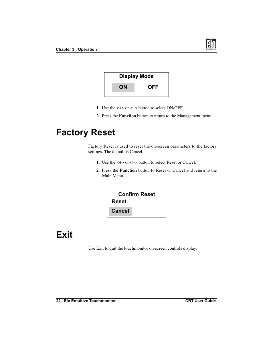 Factory reset, Exit | Elo TouchSystems CRT Touchmonitors User Manual | Page 27 / 50
