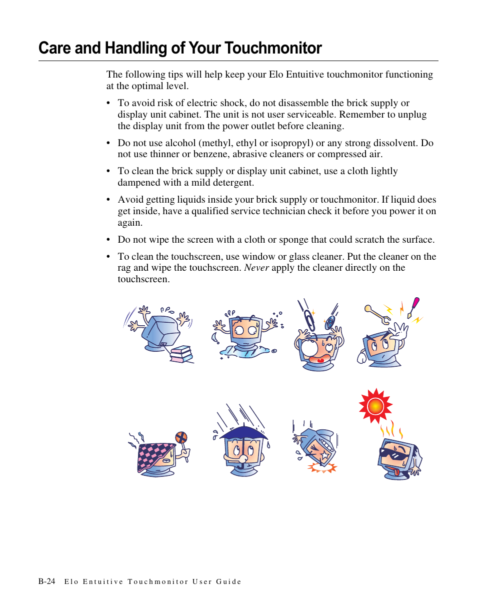 Care and handling of your touchmonitor | Elo TouchSystems ET1566L-7SWC-1 User Manual | Page 29 / 44