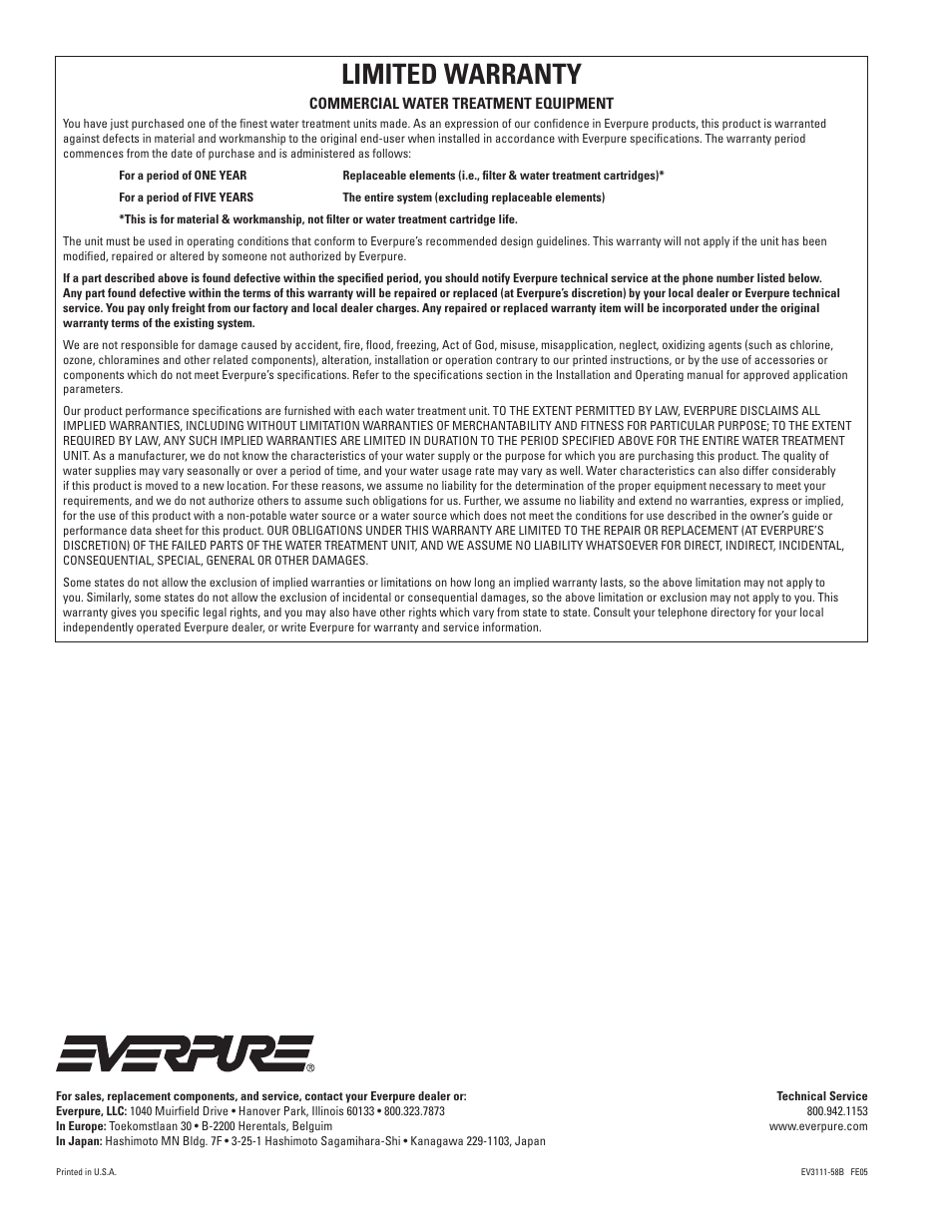 Limited warranty | Everpure BB User Manual | Page 4 / 4