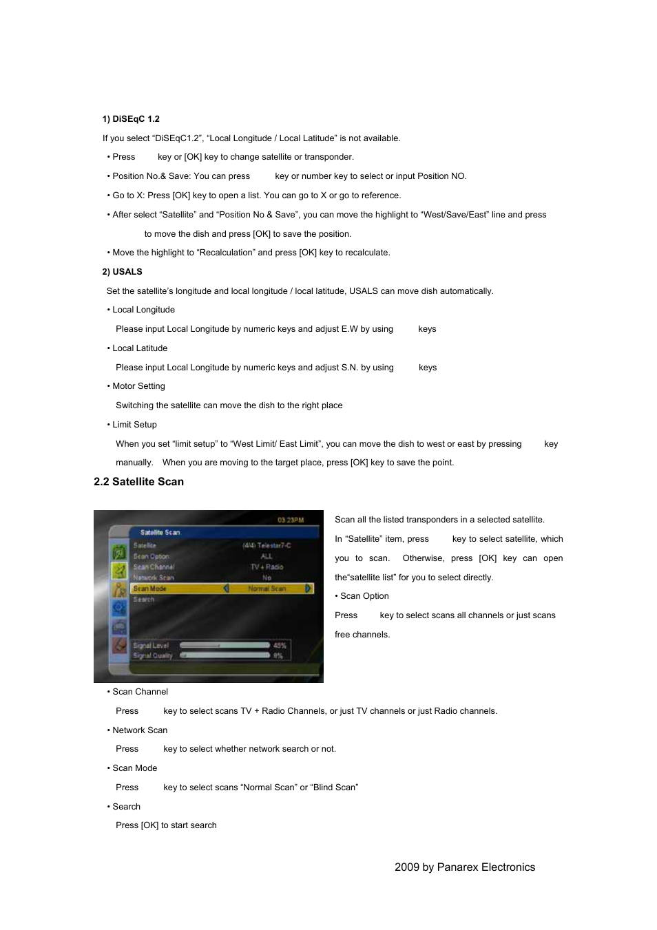 2009 by panarex electronics, 2 satellite scan | EXPANSYS PANSAT 4500 User Manual | Page 17 / 44