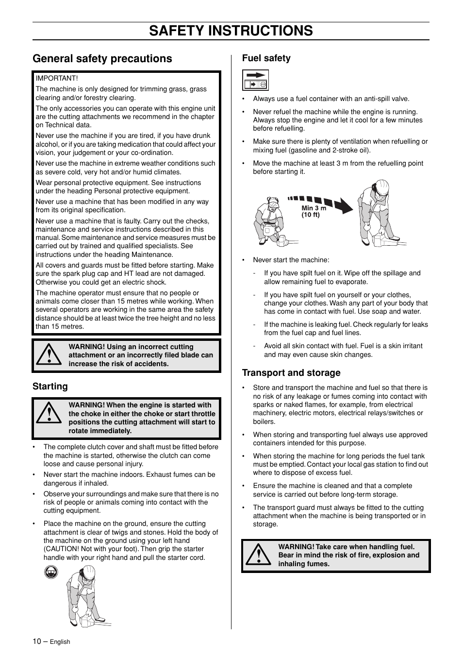 General safety precautions, Starting, Fuel safety | Transport and storage, Safety instructions | English Leather 245R/RX User Manual | Page 10 / 43