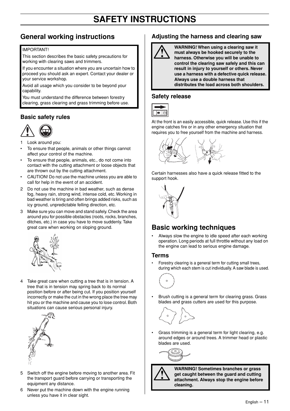 General working instructions, Basic safety rules, Adjusting the harness and clearing saw | Safety release, Basic working techniques, Terms, Safety instructions | English Leather 245R/RX User Manual | Page 11 / 43