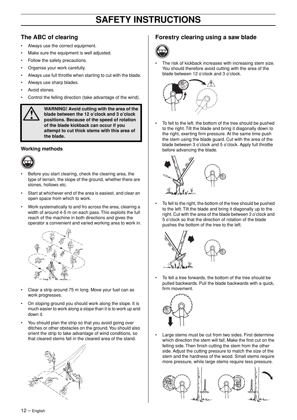 The abc of clearing, Forestry clearing using a saw blade, Safety instructions | English Leather 245R/RX User Manual | Page 12 / 43