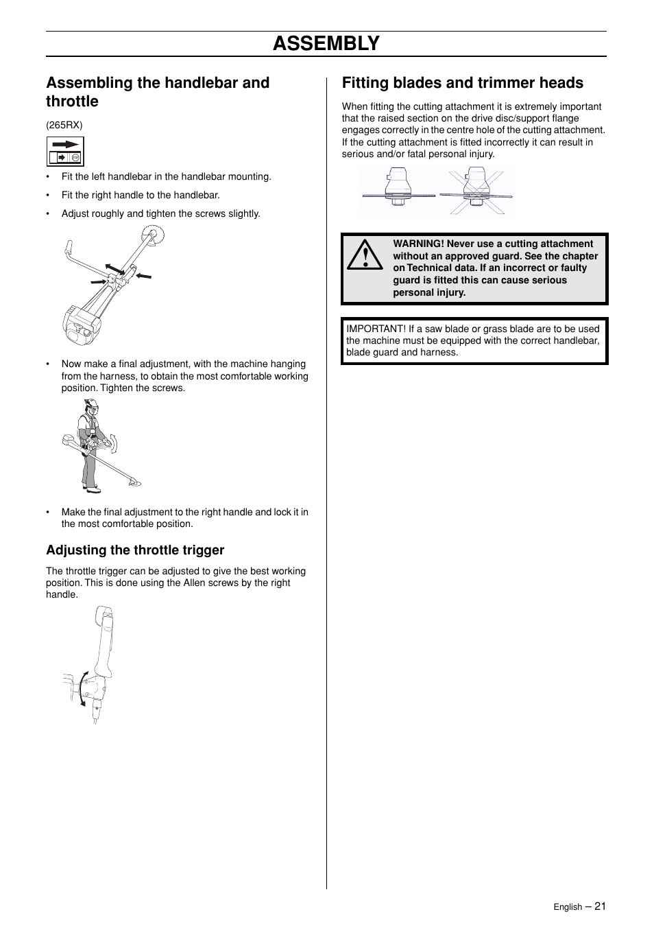 Assembling the handlebar and throttle, Adjusting the throttle trigger, Fitting blades and trimmer heads | Assembly | English Leather 245R/RX User Manual | Page 21 / 43