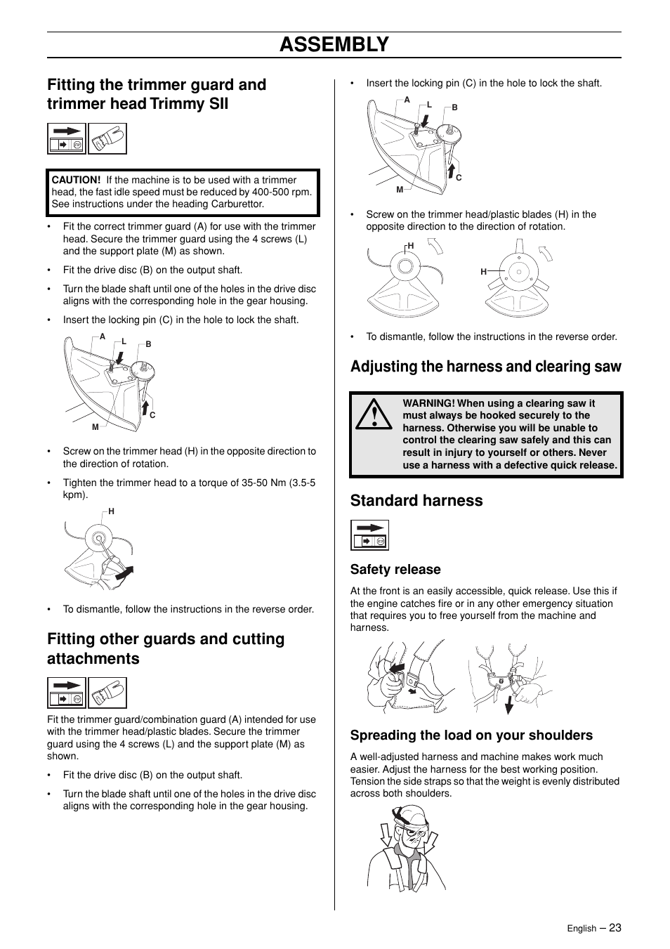 Fitting other guards and cutting attachments, Adjusting the harness and clearing saw, Standard harness | Safety release, Spreading the load on your shoulders, Assembly | English Leather 245R/RX User Manual | Page 23 / 43