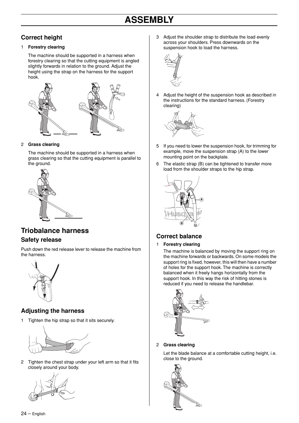 Correct height, Triobalance harness, Safety release | Adjusting the harness, Correct balance, Assembly | English Leather 245R/RX User Manual | Page 24 / 43