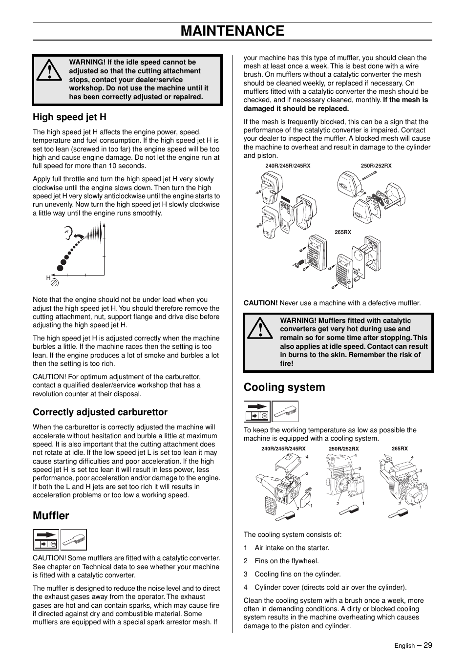 High speed jet h, Correctly adjusted carburettor, Muffler | Cooling system, Maintenance | English Leather 245R/RX User Manual | Page 29 / 43