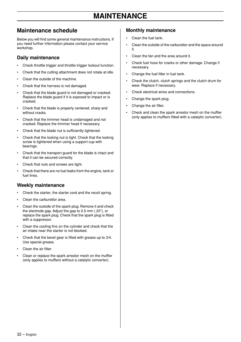 Maintenance schedule, Daily maintenance, Weekly maintenance | Monthly maintenance, Maintenance | English Leather 245R/RX User Manual | Page 32 / 43
