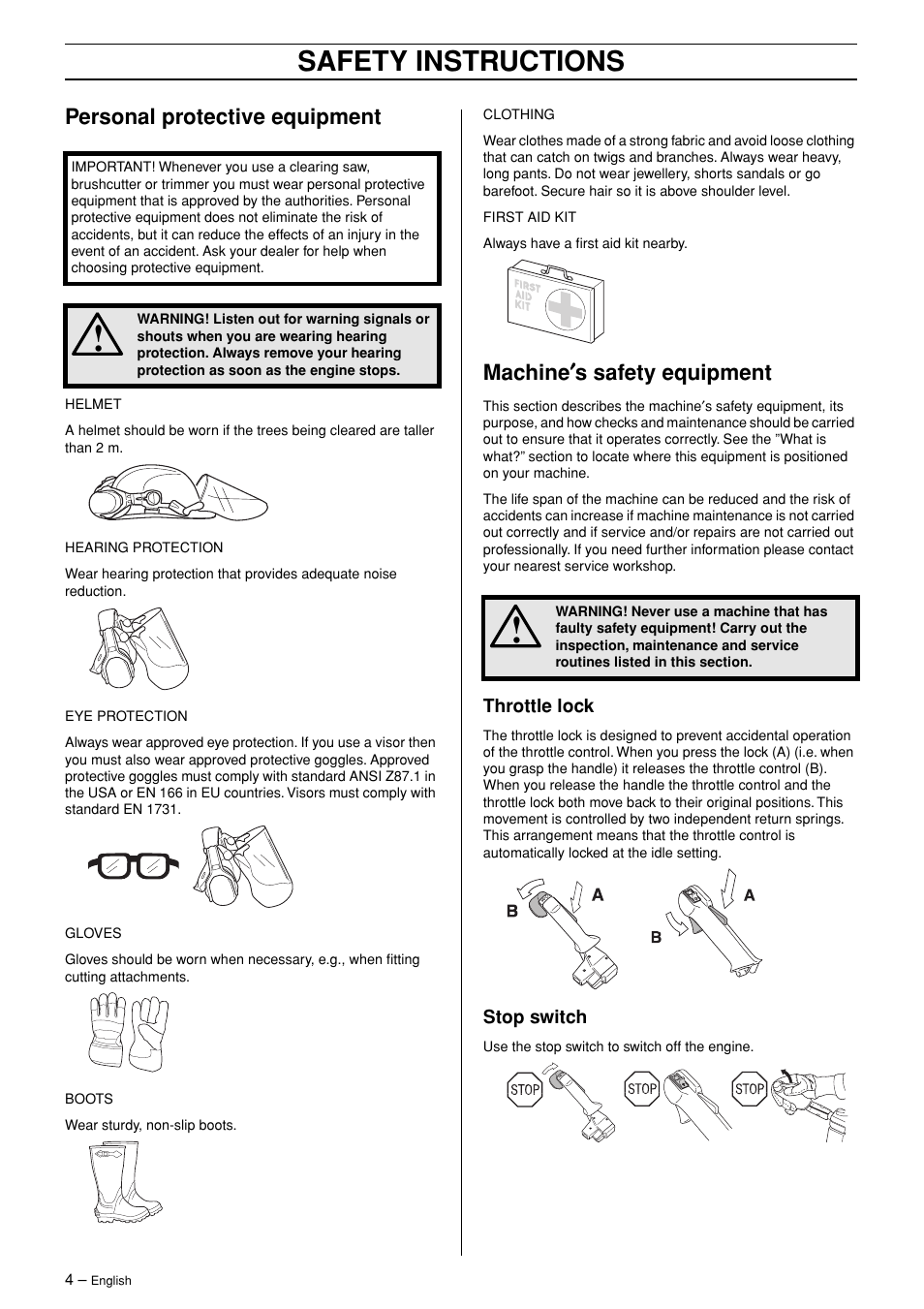 Personal protective equipment, Machine¢s safety equipment, Throttle lock | Stop switch, Safety instructions, Machine ′′′′ s safety equipment | English Leather 245R/RX User Manual | Page 4 / 43