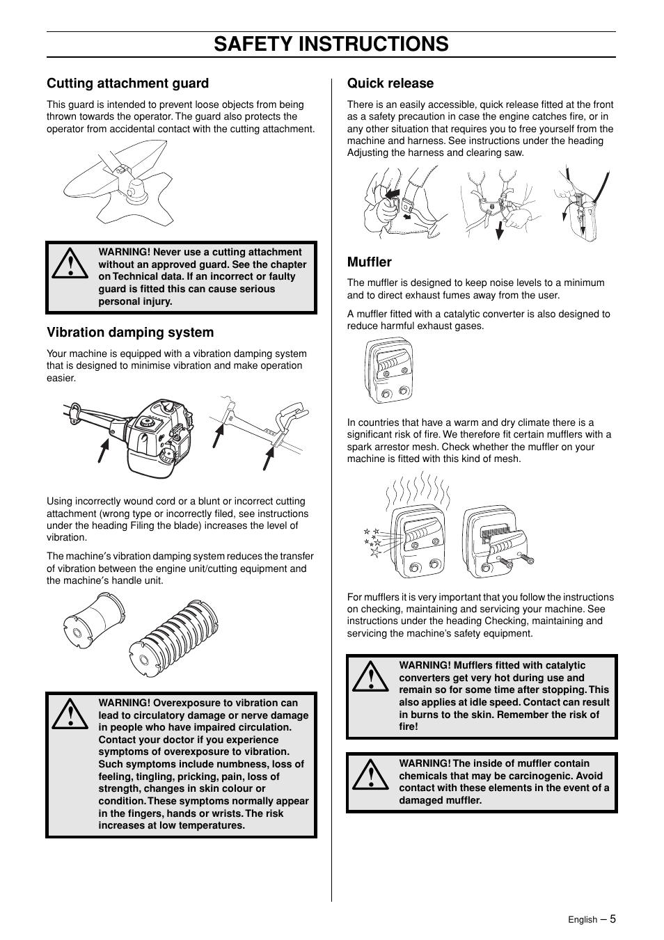 Cutting attachment guard, Vibration damping system, Quick release | Muffler, Safety instructions | English Leather 245R/RX User Manual | Page 5 / 43