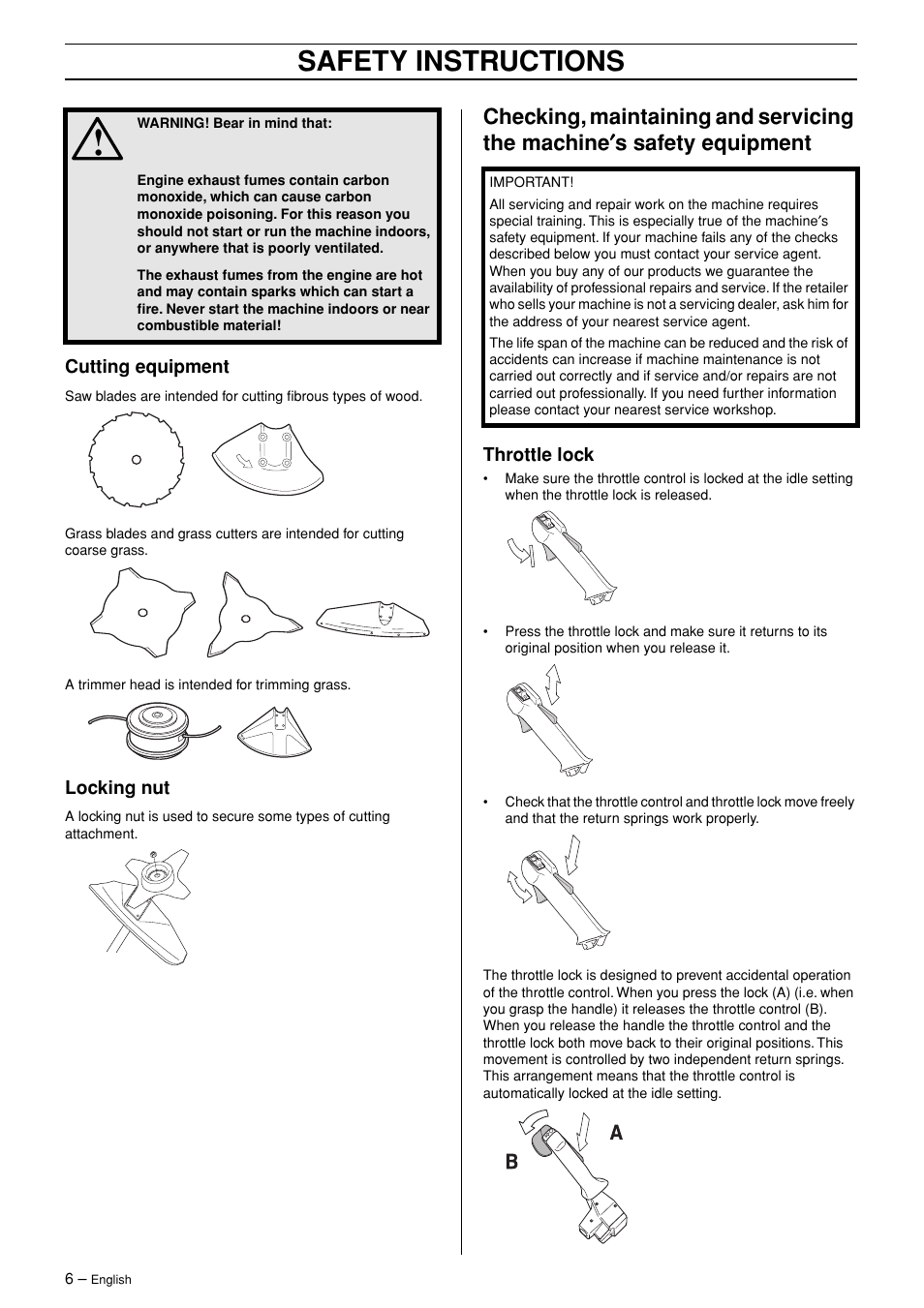 Cutting equipment, Locking nut, Throttle lock | Safety instructions | English Leather 245R/RX User Manual | Page 6 / 43
