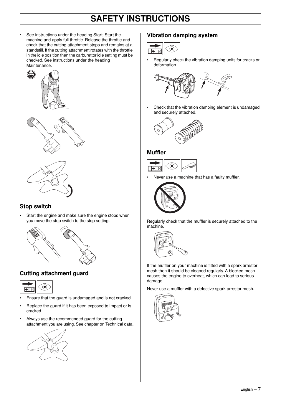 Stop switch, Cutting attachment guard, Vibration damping system | Muffler, Safety instructions | English Leather 245R/RX User Manual | Page 7 / 43
