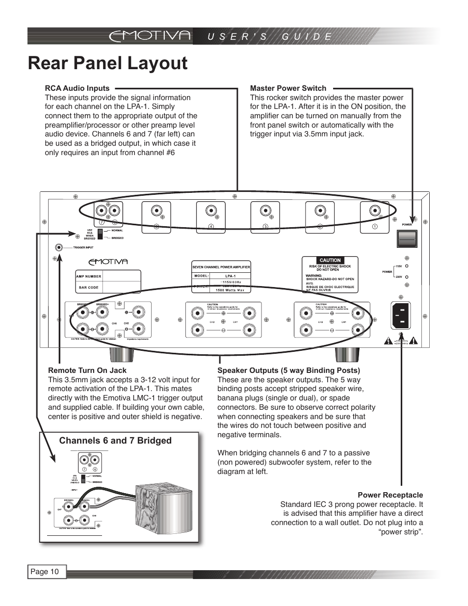 Rear panel layout | Emotiva LPA-1 User Manual | Page 10 / 26