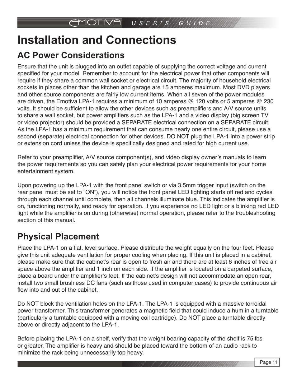 Installation and connections, Ac power considerations, Physical placement | Emotiva LPA-1 User Manual | Page 11 / 26