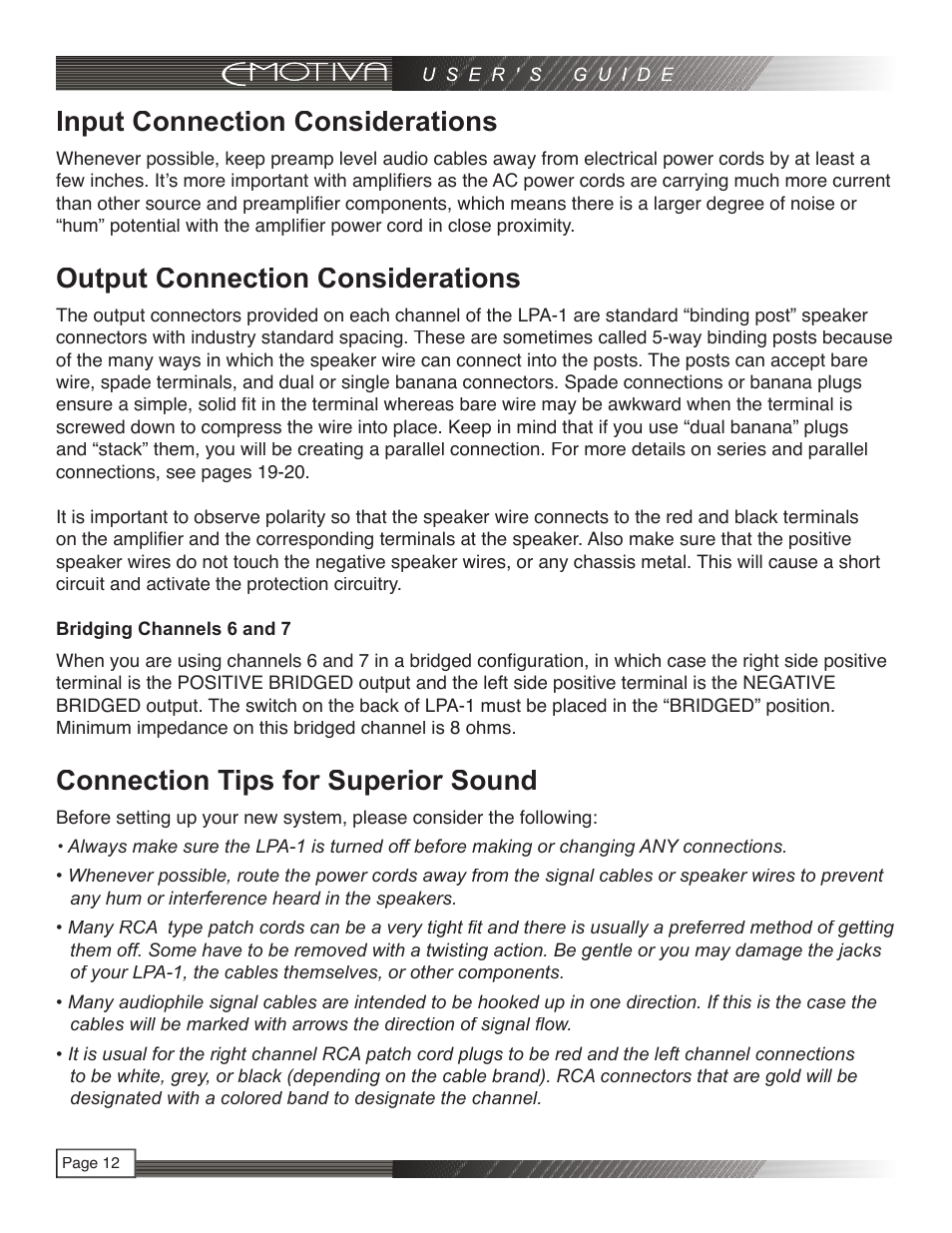 Input connection considerations, Output connection considerations, Connection tips for superior sound | Emotiva LPA-1 User Manual | Page 12 / 26