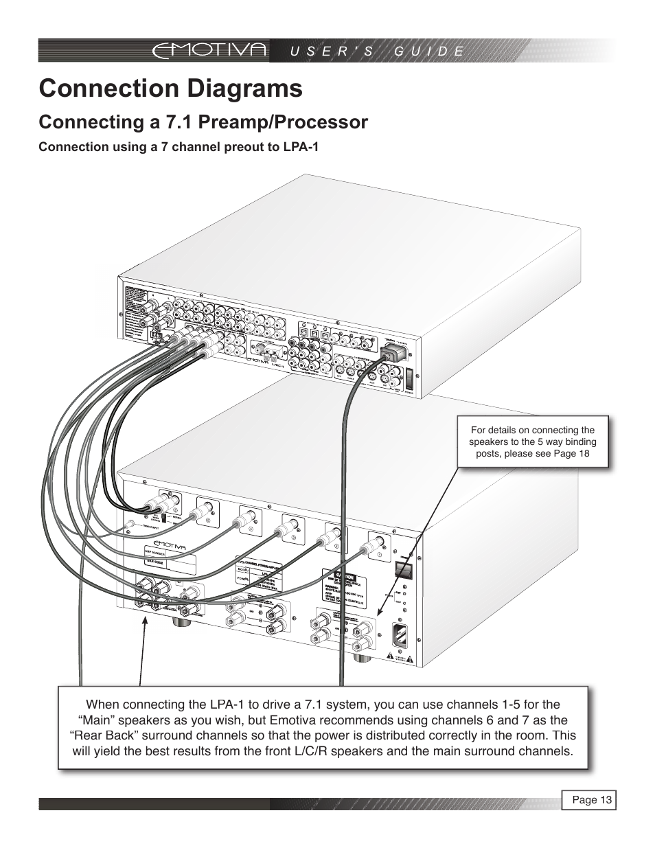 Connection diagrams, Connecting a 7.1 preamp/processor | Emotiva LPA-1 User Manual | Page 13 / 26