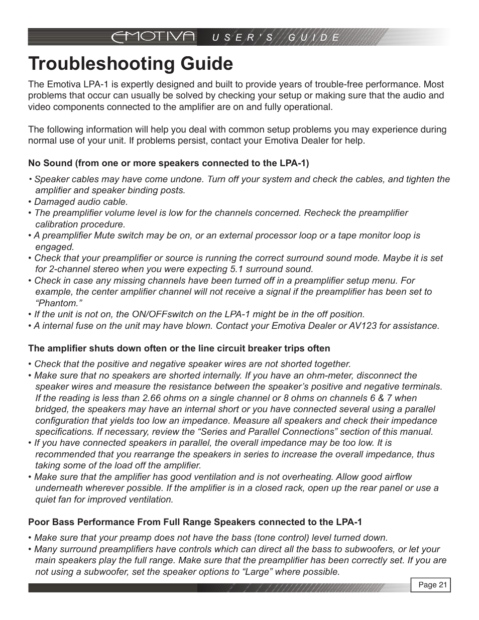 Troubleshooting guide | Emotiva LPA-1 User Manual | Page 21 / 26