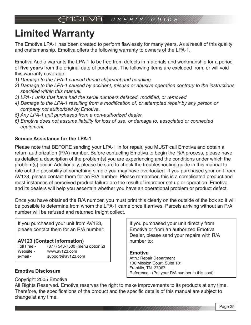 Limited warranty | Emotiva LPA-1 User Manual | Page 25 / 26